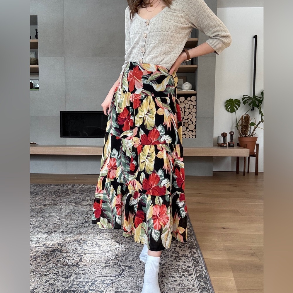 Vintage 100% cotton Maxi Skirt tropical floral large